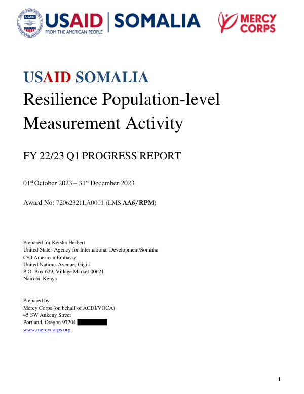 FY 22/23 Q1 PROGRESS REPORT: Resilience Population-level Measurement Activity