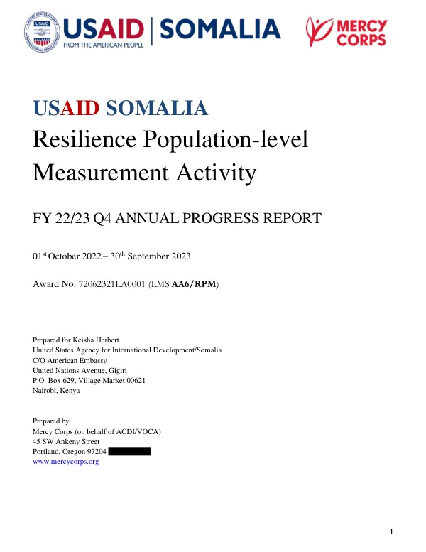 FY 22/23 Q4 ANNUAL PROGRESS REPORT: Resilience Population-level Measurement Activity (RPM)