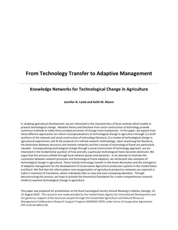 From technology transfer to adaptive management : knowledge networks for technological change in agriculture