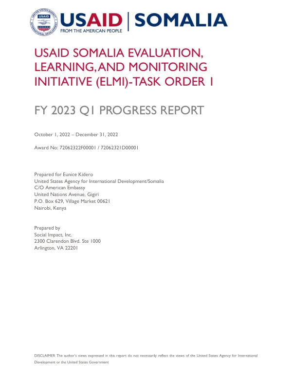 USAID SOMALIA ELMI-TASK ORDER 1 FY 2023 Q1 PROGRESS REPORT