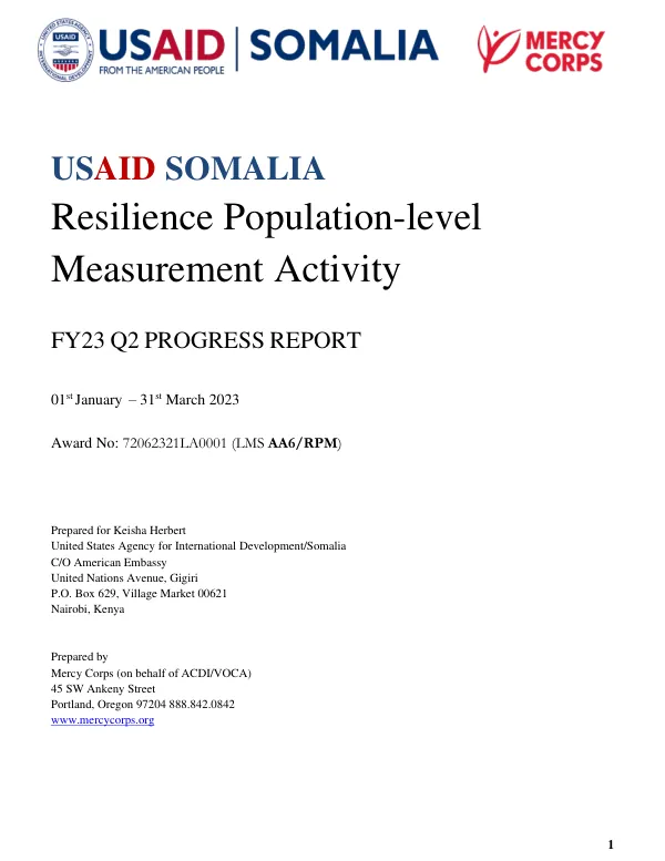 FY23 Q2 PROGRESS REPORT: Resilience Population-level Measurement Activity (RPM) in Somalia