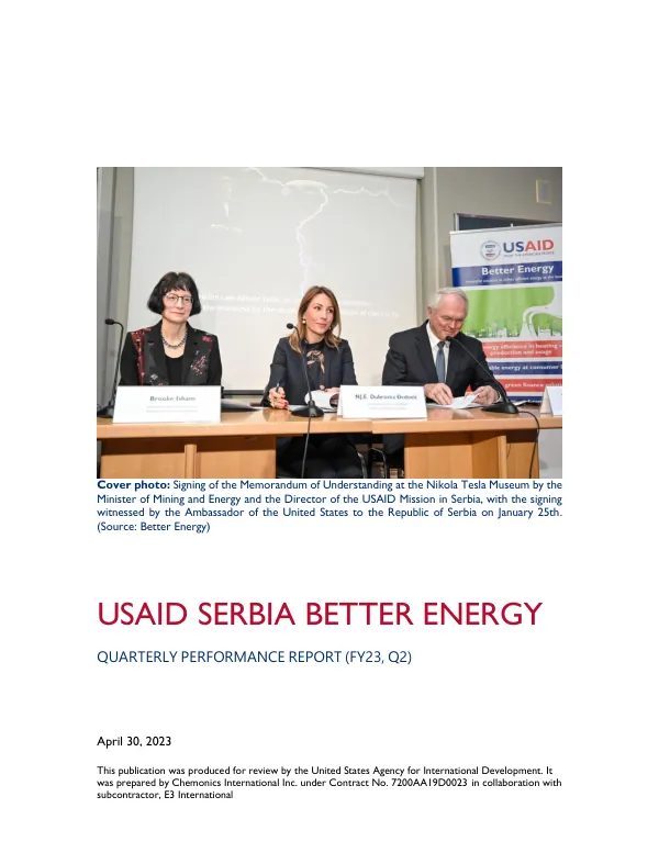 Quarterly Performance Report FY2023, Q2: USAID Serbia Better Energy
