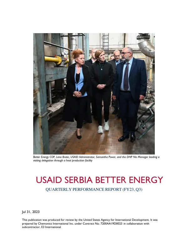 USAID SERBIA BETTER ENERGY QUARTERLY PERFORMANCE REPORT (FY23, Q3)