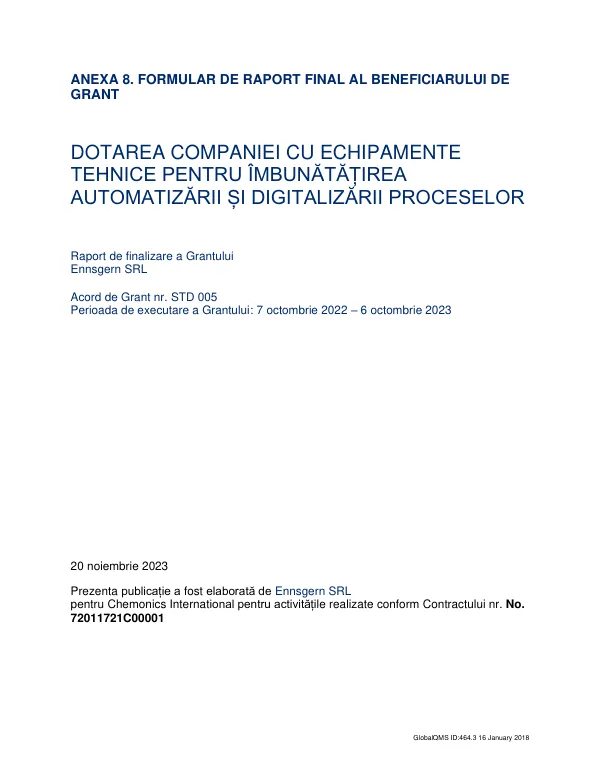 Raport de finalizare a Grantului pentru achiziționarea de echipamente automate de tăiere