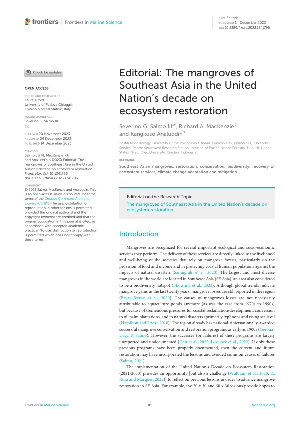 Editorial: The mangroves of Southeast Asia in the United Nation’s decade on ecosystem restoration