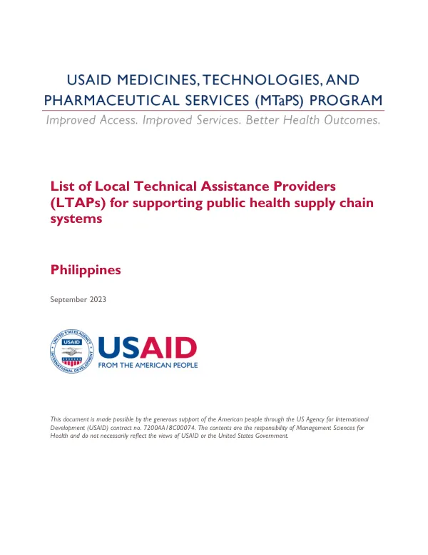 List of Local Technical Assistance Providers for Supporting Public Health Supply Chain Systems in the Philippines