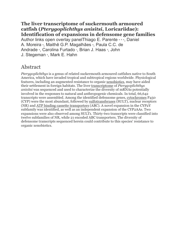 The liver transcriptome of suckermouth armoured catfish (Pterygoplichthys anisitsi, Loricariidae): Identification of expansions in defensome gene families
