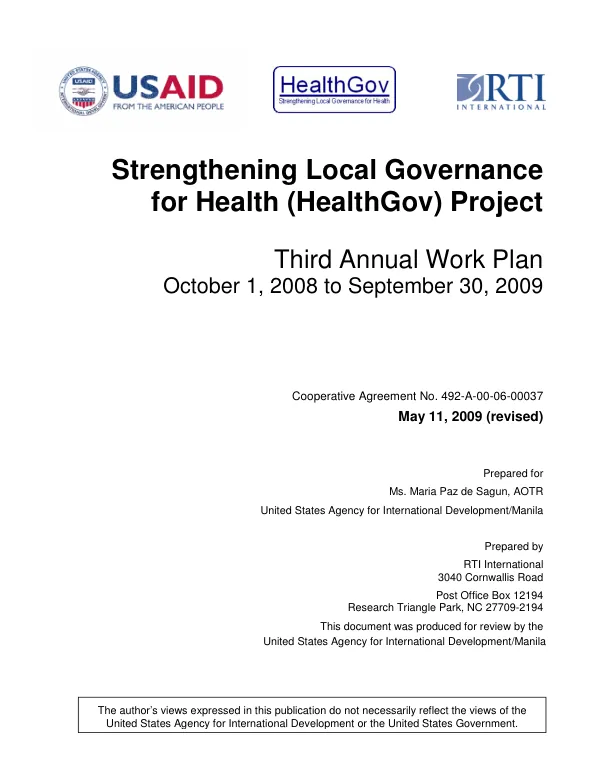 Strengthening local governance for health (HealthGov) project : third annual work plan October 1, 2008 to September 30, 2009