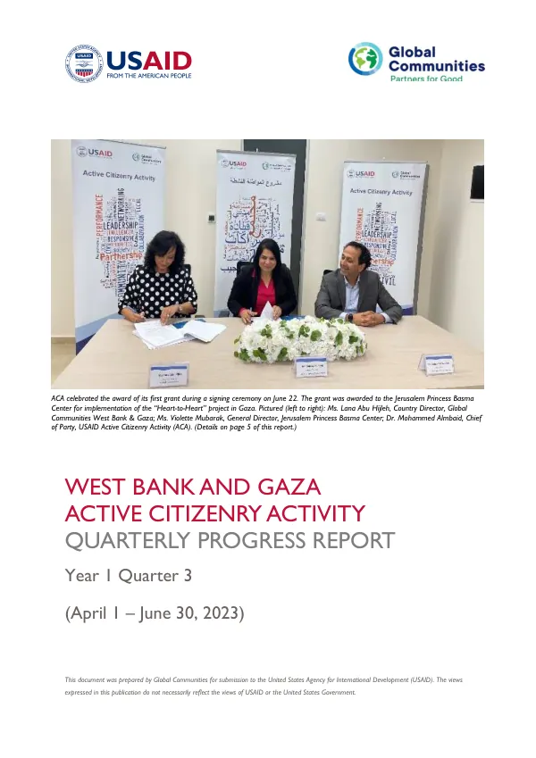 West Bank and Gaza Active Citizenry Activity Quarterly Progress Report Year 1 Quarter 3