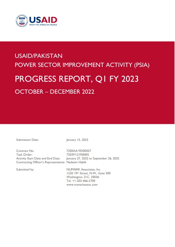 Power Sector Improvement Activity (PSIA) Progress Report, Q1 FY 2023