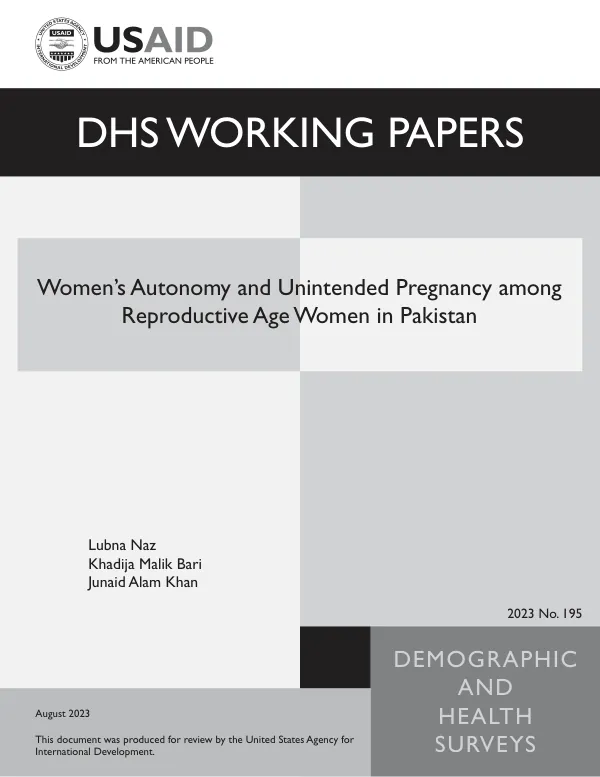 Women’s Autonomy and Unintended Pregnancy among Reproductive Age Women in Pakistan