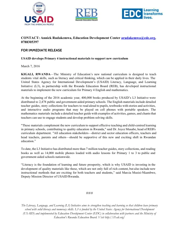 USAID Develops Primary 4 Instructional Materials to Support New Curriculum