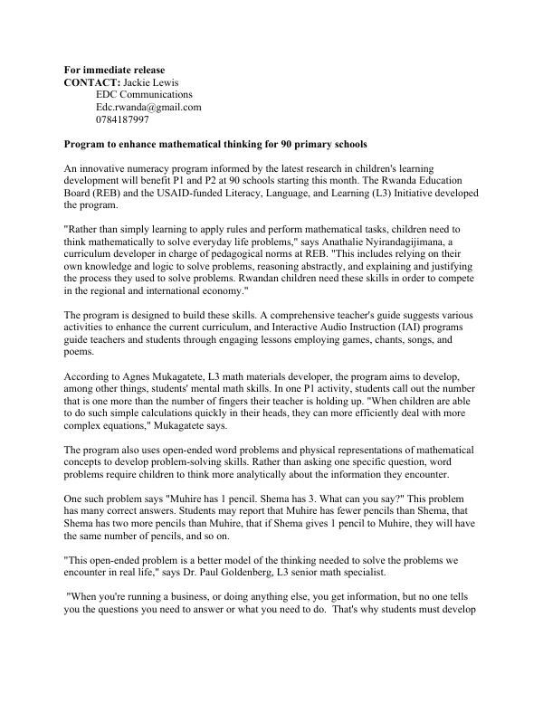 Program to enhance mathematical thinking for 90 primary schools