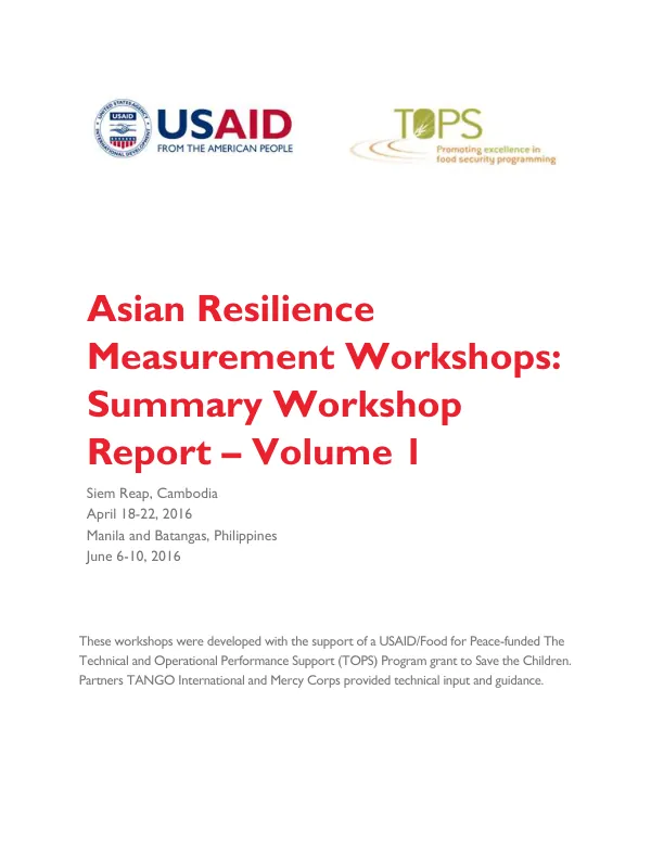 Asian Resilience Measurement Workshops: Summary Workshop Report – Volume 1