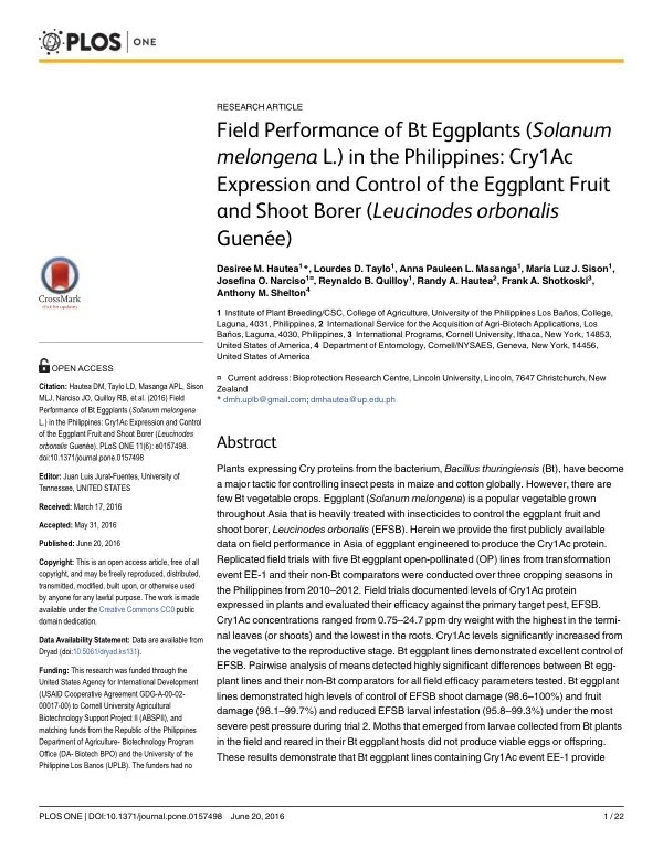 Field Performance of Bt Eggplants (Solanum melongena L.) in the Philippines: Cry1Ac Expression and Control of the Eggplant Fruit and Shoot Borer (Leucinodes orbonalis Guenée)