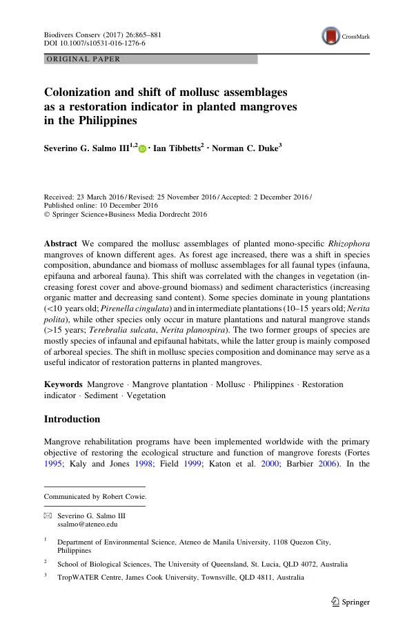 Colonization and shift of mollusc assemblages as a restoration indicator in planted mangroves in the Philippines