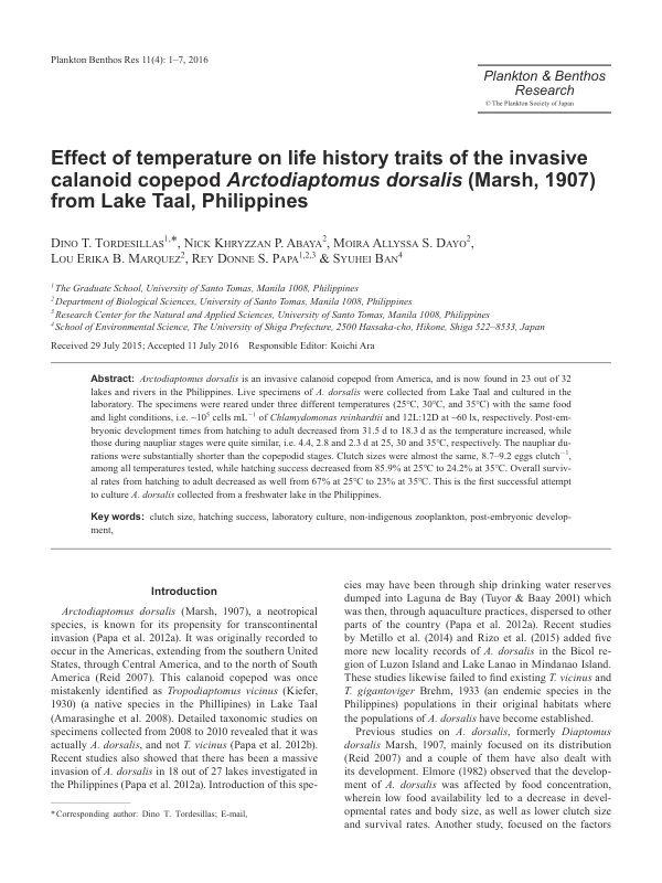 Effect of temperature on life history traits of the invasive calanoid copepod Arctodiaptomus dorsalis (Marsh, 1907) from Lake Taal, Philippines