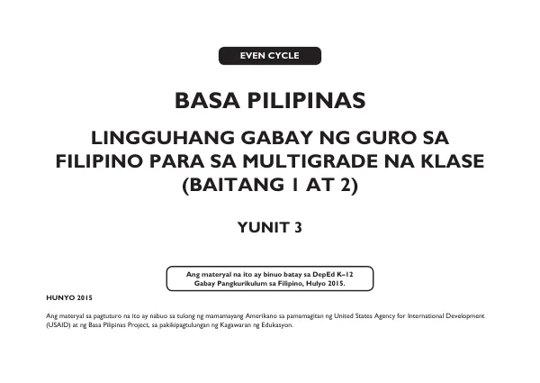 Lingguhang Gabay ng Guro sa Filipino para sa Multigrade na Klase (Baitang 1 & 2)