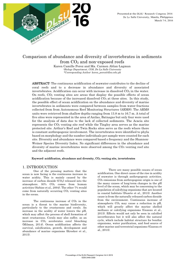 Comparison of abundance and diversity of invertebrates in sediments from CO2 and non-exposed reefs