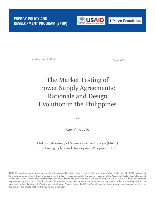 The Market Testing of Power Supply Agreements: Rationale and Design Evolution in the Philippines