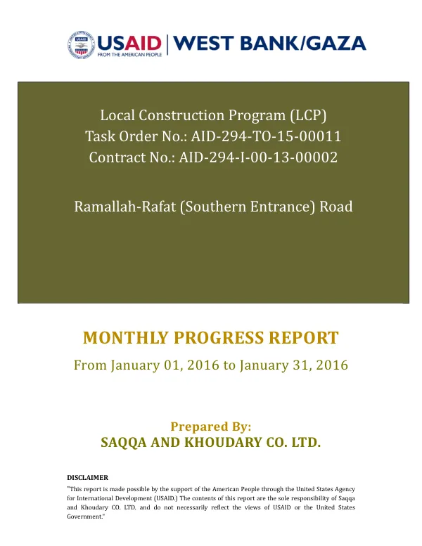 Monthly Progress Report: Ramallah-Rafat (Southern Entrance) Road