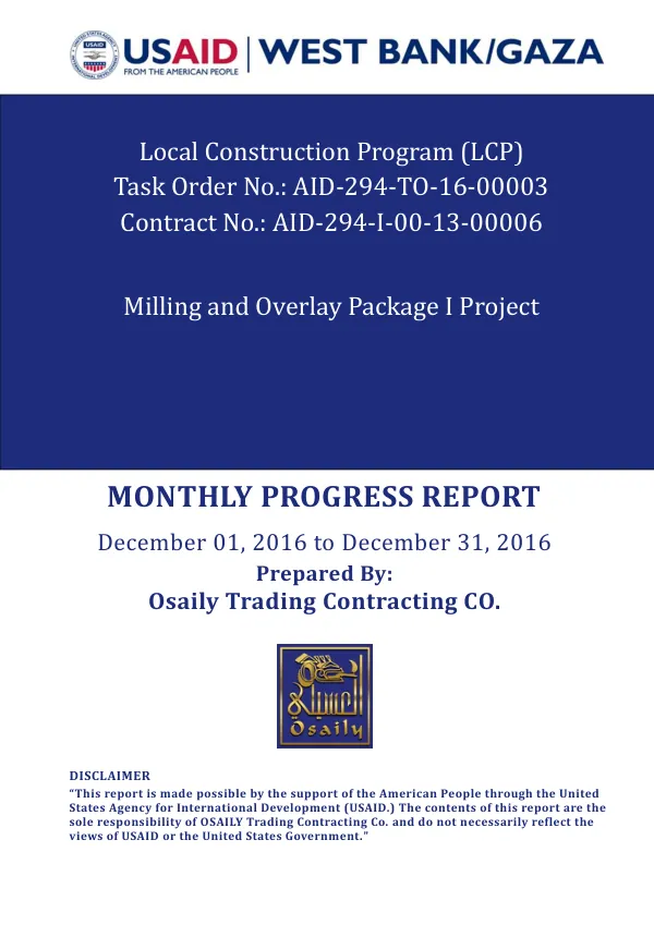 Monthly Progress Report: Local Construction Program (LCP) - December 2016