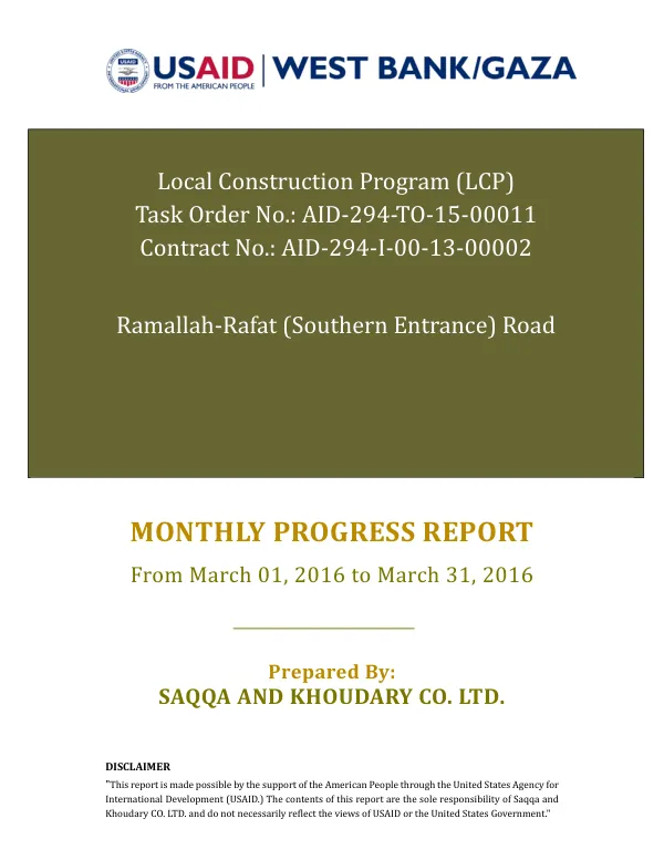 Monthly Progress Report: Ramallah-Rafat (Southern Entrance) Road