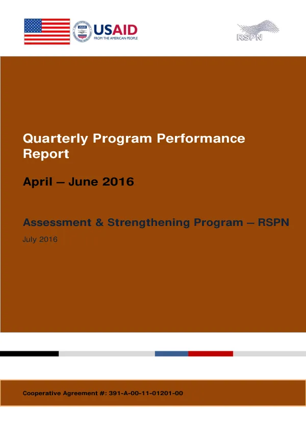 Quarterly Program Performance Report – Apr thru Jun 2016: Assessment & Strengthening Program
