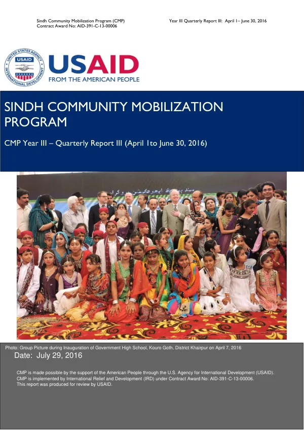 Sindh Community Mobilization Program (CMP) Year III Quarterly Report III: April 1– June 30, 2016
