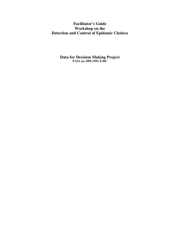 Facilitator’s Guide: Workshop on Detection and Control of Epidemic Cholera