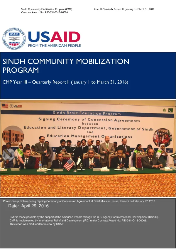 Sindh Community Mobilization Program (CMP) Year III Quarterly Report II: January 1– March 31, 2016