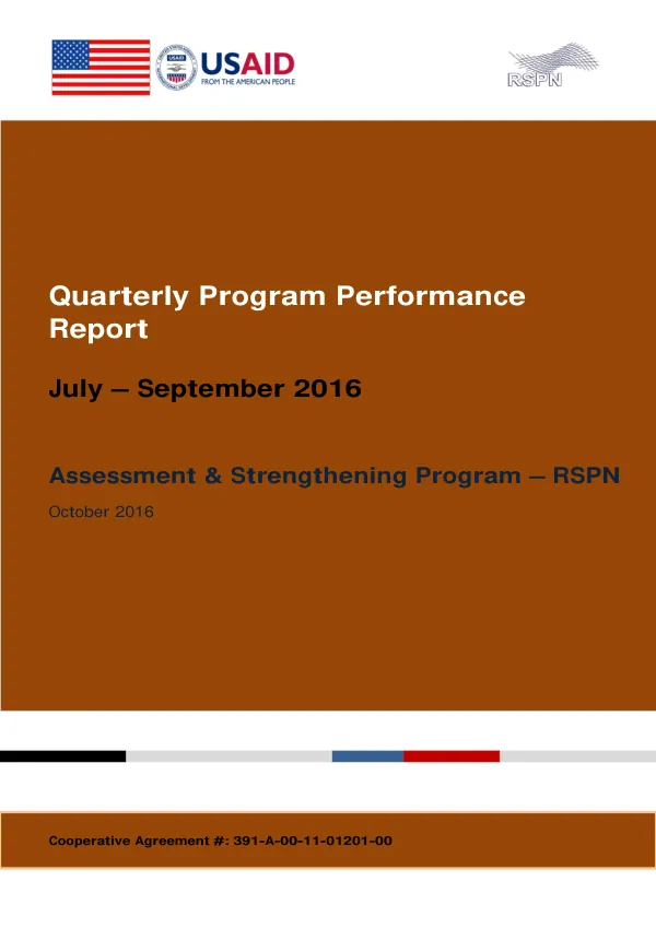 Quarterly Program Performance Report – Jul to Oct 10 2016: Assessment & Strengthening Program