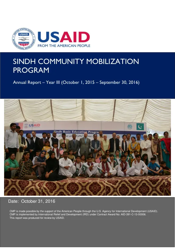 Annual Report – Year III (October 1, 2015 – September 30, 2016) of Sindh Community Mobilization Program (CMP)
