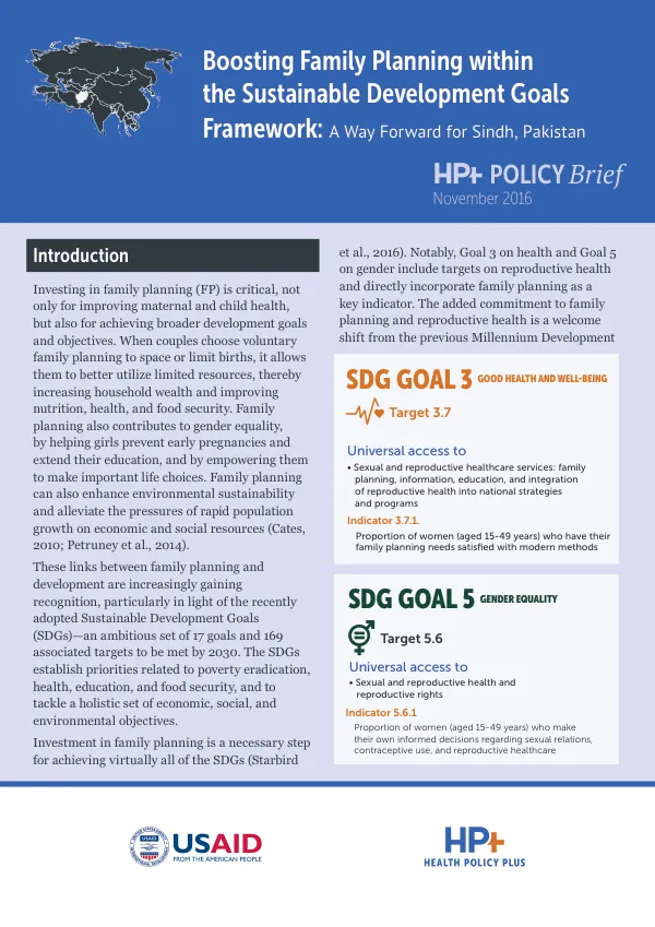 Boosting Family Planning within the Sustainable Development Goals Framework: A Way Forward for Sindh, Pakistan
