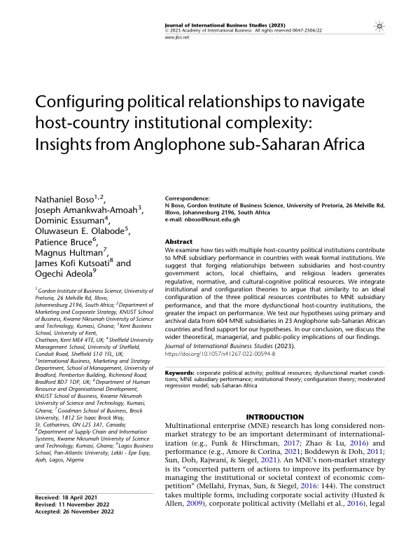 Configuring political relationships to navigate host-country institutional complexity: Insights from Anglophone sub-Saharan Africa