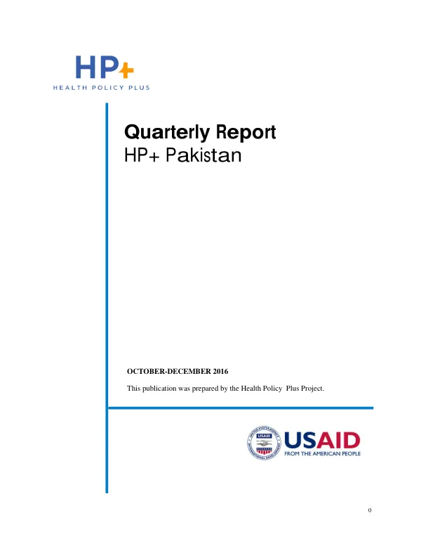 Quarterly Report: Health Policy Plus (HP+) Pakistan