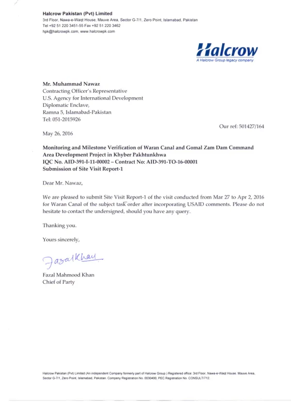 A-E Services for Monitoring and Milestone Verification of USAID-Funded Waran Canal and Gomal Zam Dam Command Area Development Project in Khyber Pakhtunkhwa: Site Visit Report No. 1 for Waran Canal Project