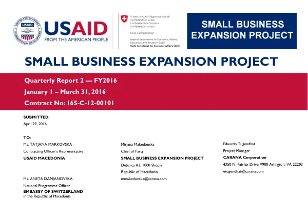 Small Business Expansion Project Quarterly Report 2 — FY2016: January – March 2016