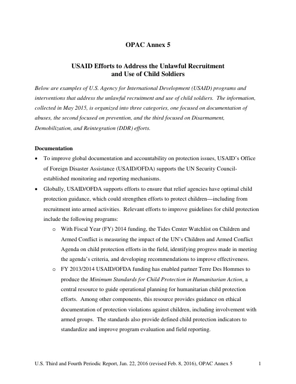 OPAC Annex 5: USAID Efforts to Address the Unlawful Recruitment and Use of Child Soldiers