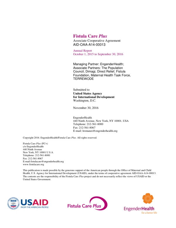 Annual Report: Fistula Care Plus, October 2015 – September 2016