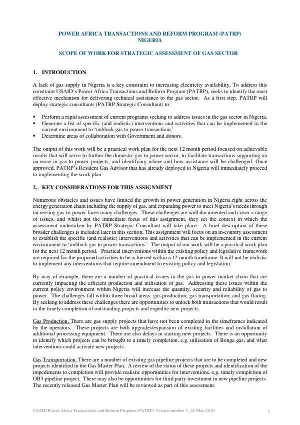 Strategic Assessment of Gas Sector for Power Africa Transactions and Reform Program (PATRP) in Nigeria
