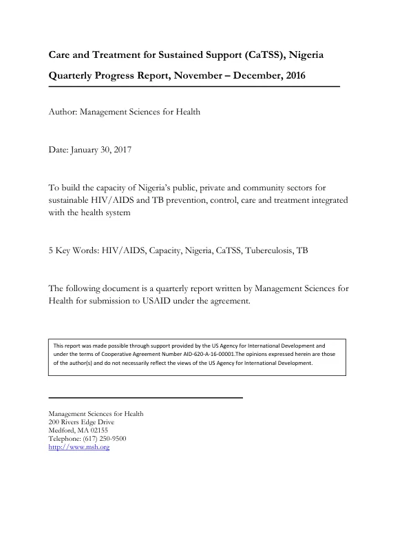Care and Treatment for Sustained Support (CaTSS), Nigeria Quarterly Progress Report, November – December, 2016