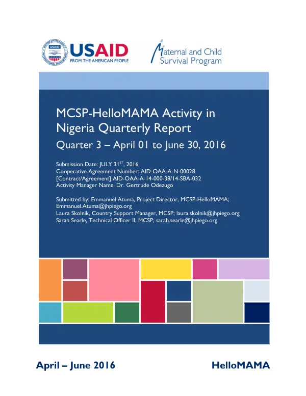 MCSP-HelloMAMA Activity in Nigeria Quarterly Report Quarter 3 – April 01 to June 30, 2016