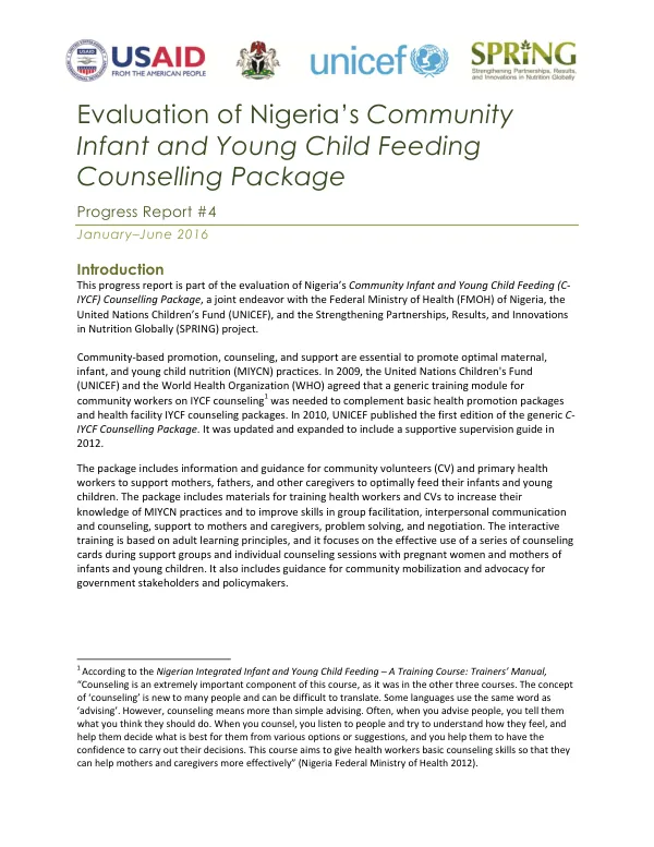 Evaluation of Nigeria's Community Infant and Young Child Feeding Counselling Package Progress Report 4