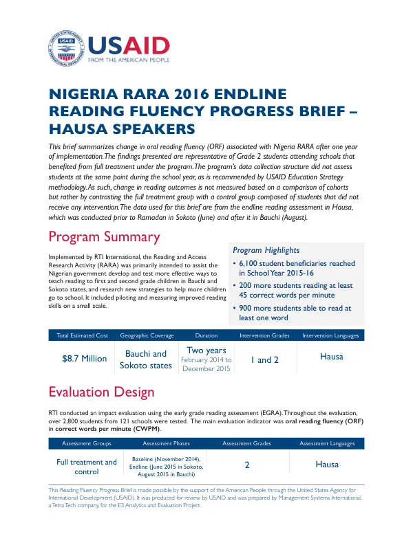 Nigeria RARA 2016 Endline Reading Fluency Progress Brief – Hausa Speakers