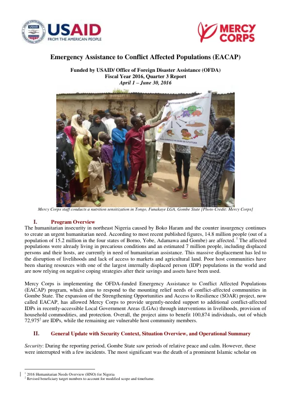 Emergency Assistance to Conflict Affected Populations (EACAP) FY16 Q3 Quarterly Report