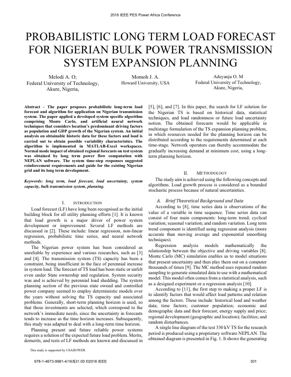 Probabilistic Long Term Load Forecast for Nigerian Bulk Power Transmission System Expansion Planning