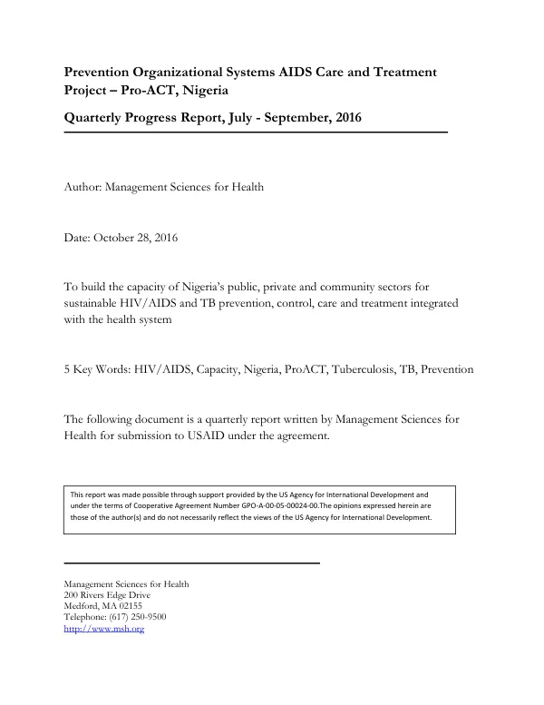 Prevention Organizational Systems AIDS Care and Treatment Project – Pro-ACT, Nigeria Quarterly Progress Report, July - September, 2016