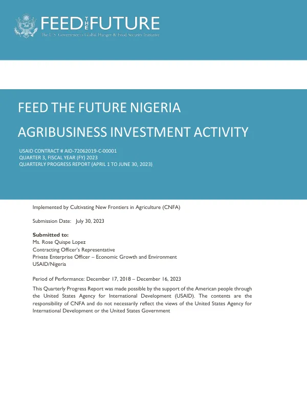 Quarterly Progress Report: FEED THE FUTURE NIGERIA AGRIBUSINESS INVESTMENT ACTIVITY