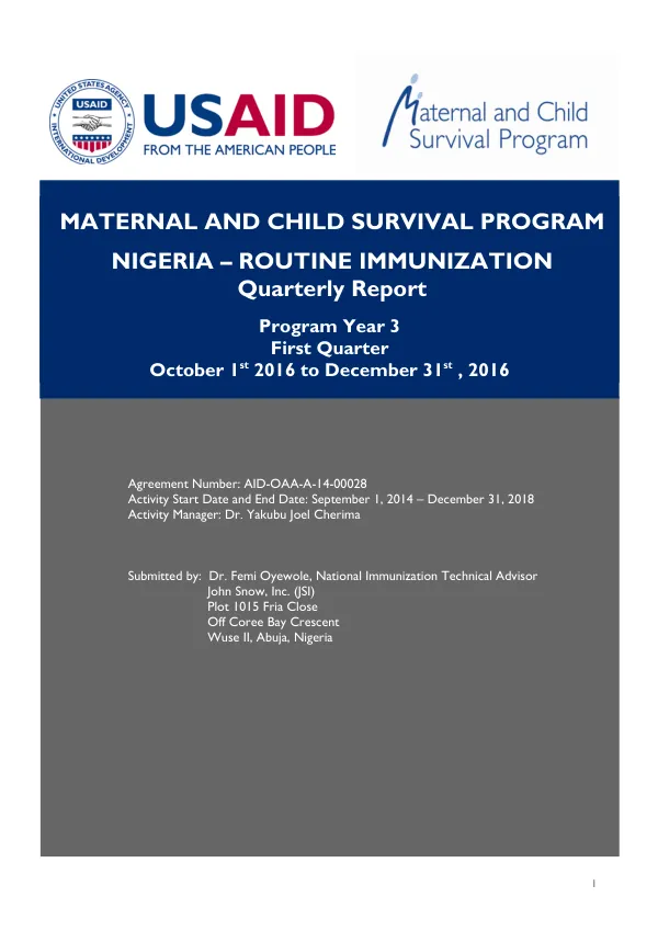 Maternal and Child Survival Program Nigeria - Routine Immunization Quarterly Report